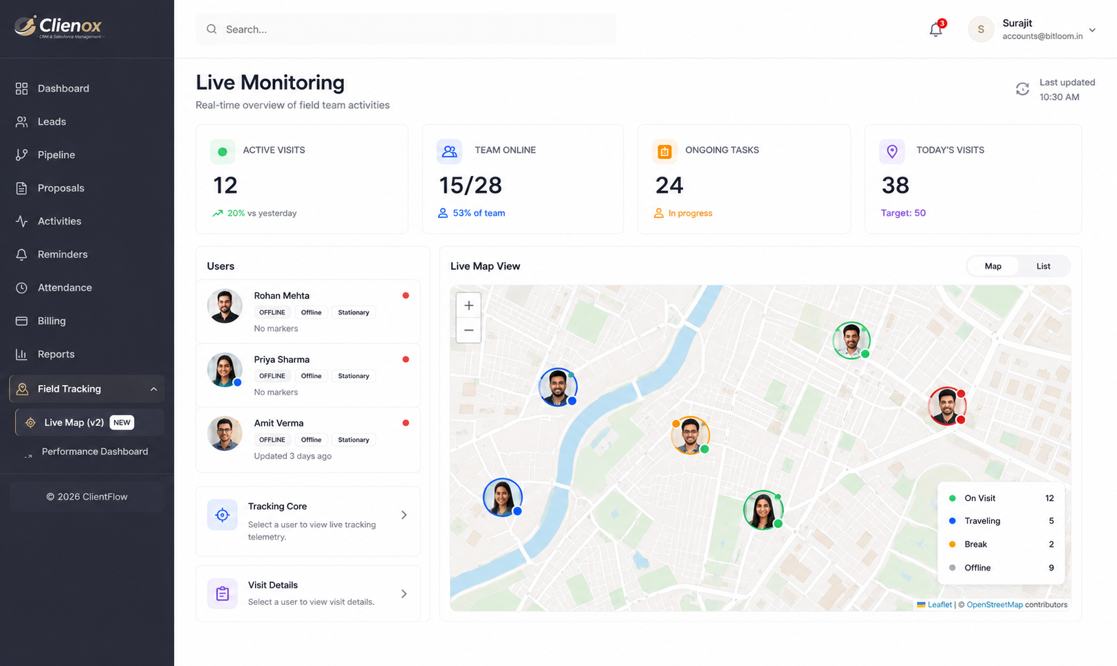 Clienox live team location map